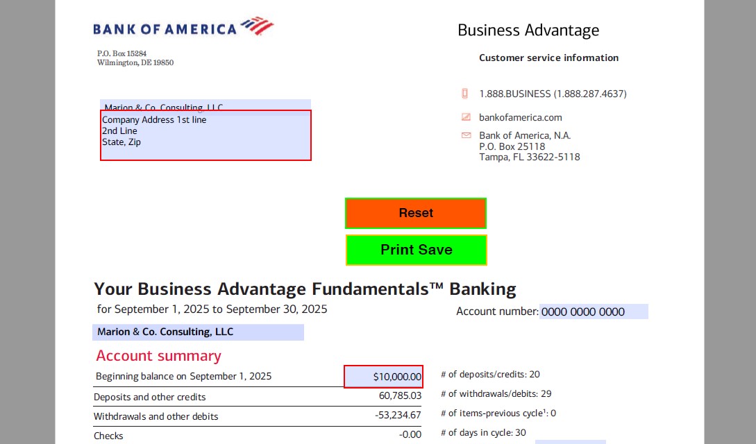 Download 2025 September BOA Business Bank Statement Template